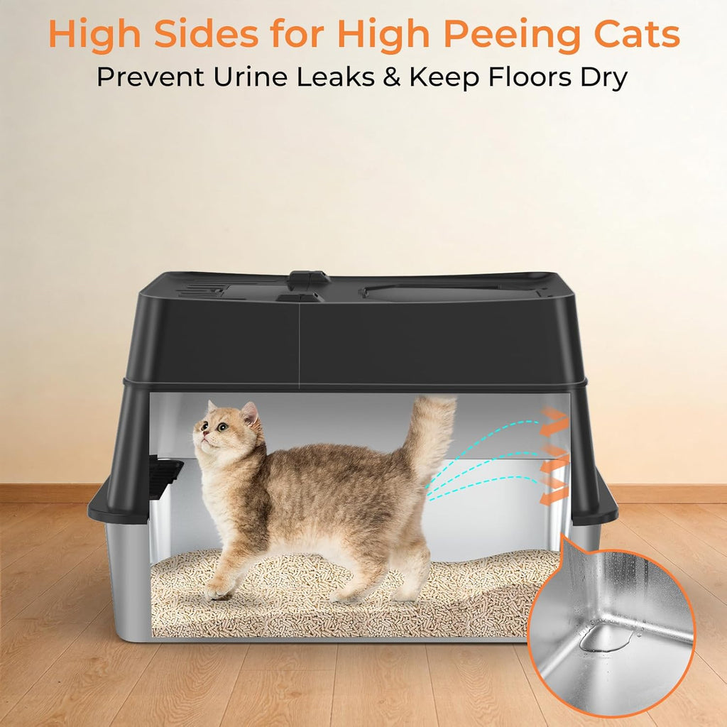 Stainless Steel Cat Litter Box with 110° Flip-Top Lid, XL Enclosed Metal Litter Box for Large Cats, Odor Control