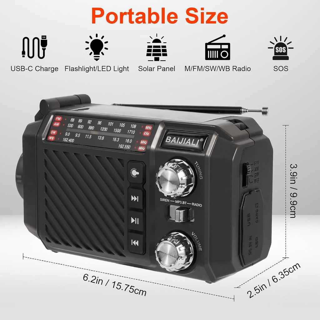Hand Crank Emergency Weather Radio, NOAA AM FM Shortwave Portable Radio | Solar & USB-C Charging, Flashlight, SOS