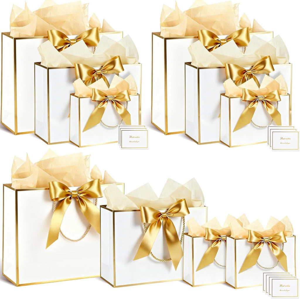 10 Set White and Gold Gift Bags Assorted Sizes with Tissue Paper
