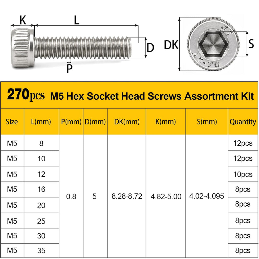 270PCS M5 Socket Screws Assortment Kit, M5x6/8/10/12/16/20/25/30 mm