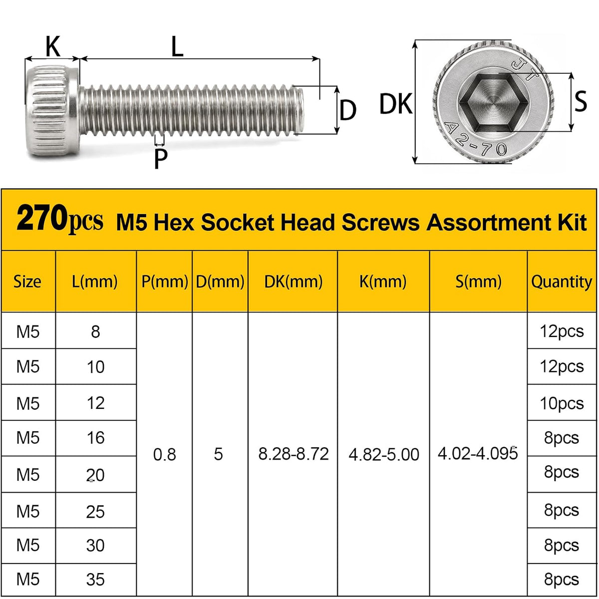 270PCS M5 Socket Screws Assortment Kit, M5x6/8/10/12/16/20/25/30 mm