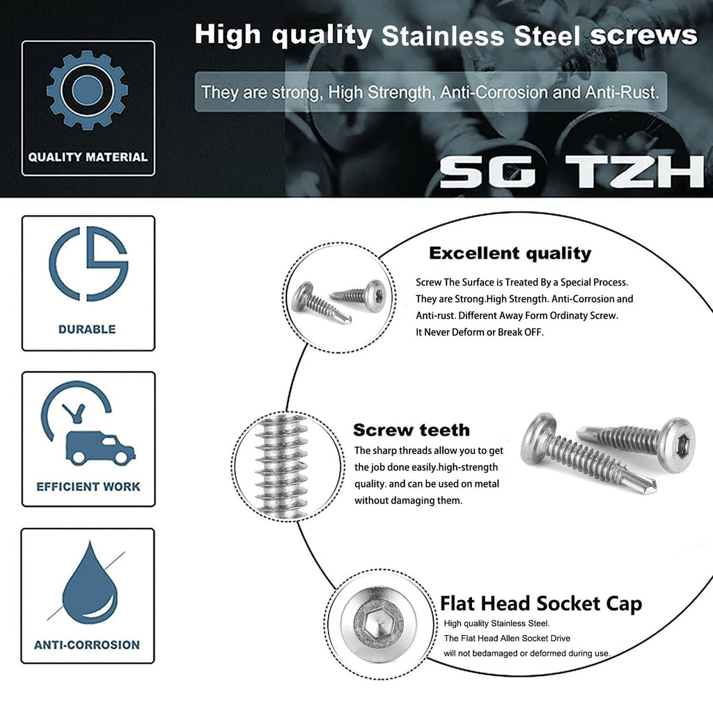 12 x 1" Stainless Steel Flat Head Socket Cap Screws, 100Pcs, Allen Socket Drive, Self Tapping