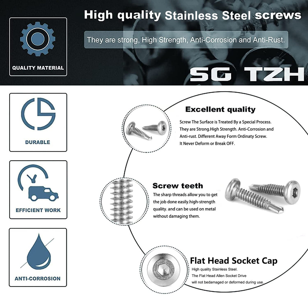12 x 1" Stainless Steel Flat Head Socket Cap Screws, 100Pcs, Allen Socket Drive, Self Tapping