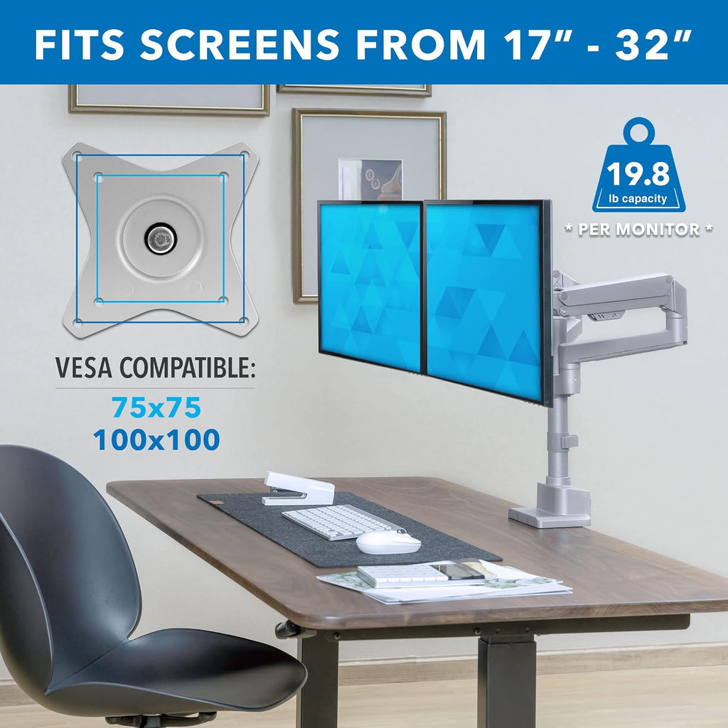 Dual Monitor Mount - Monitor Stands for 2 Monitors, Computer Arms on Desk Stand, Gas Spring Height Adjustable Desk