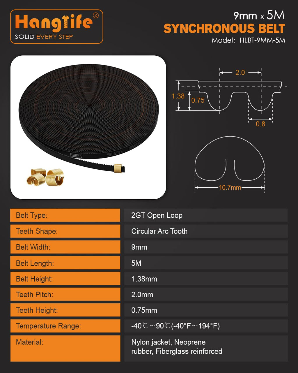 HANGLIFE GT2 Timing Belt with Copper Buckle - 3D Printer Open Synchronous Belt (2mm Pitch) 3D Printer Accessories - 9mm x 5M (16.4ft)