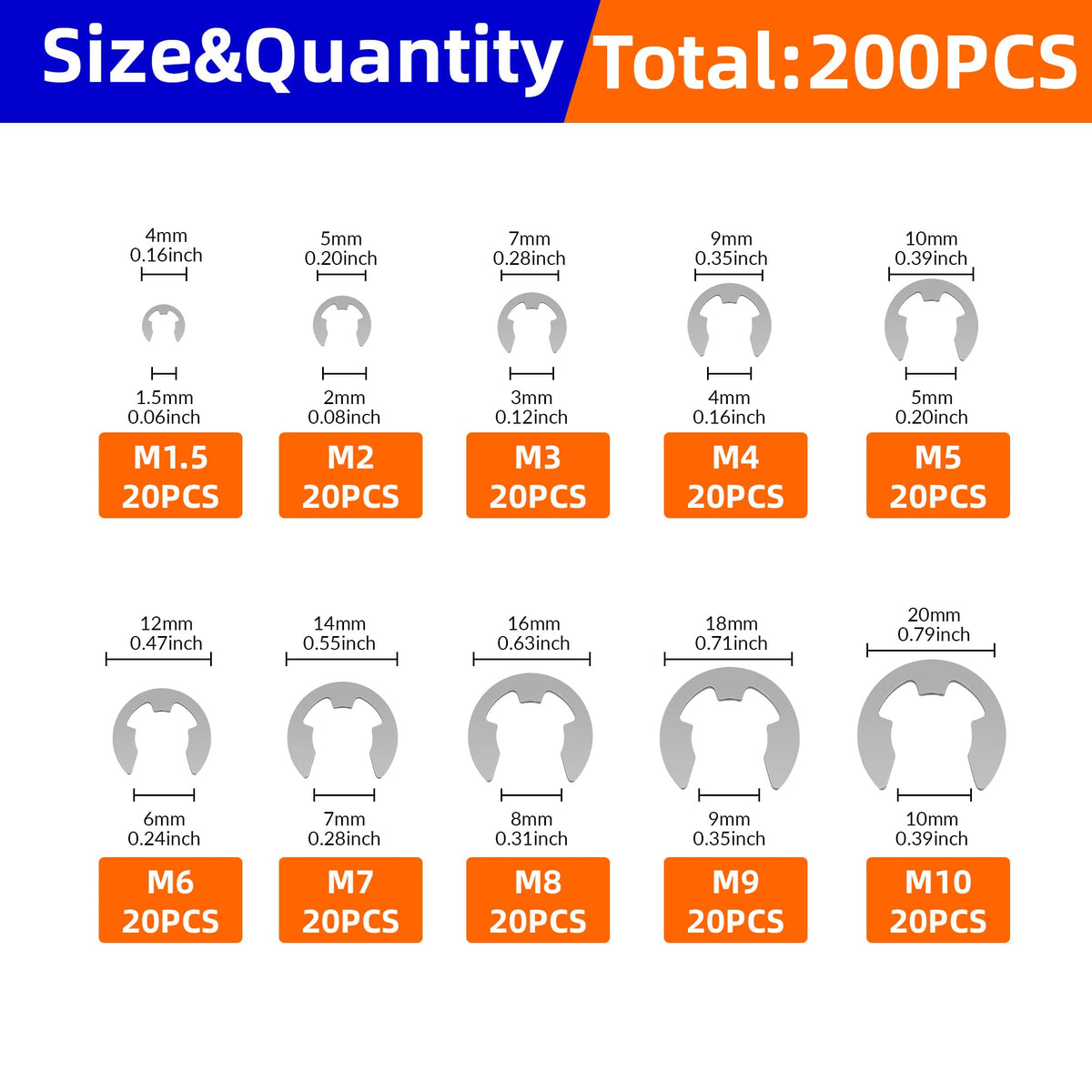 NexSync 200PCS E Clips Assortment Kit, M1.5-M10 External Retaining Rings