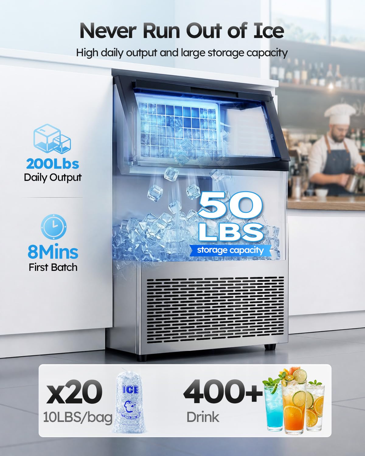 Commercial Ice Maker 200lbs/24h with 50lbs Storage Bin 2 Water Inlet