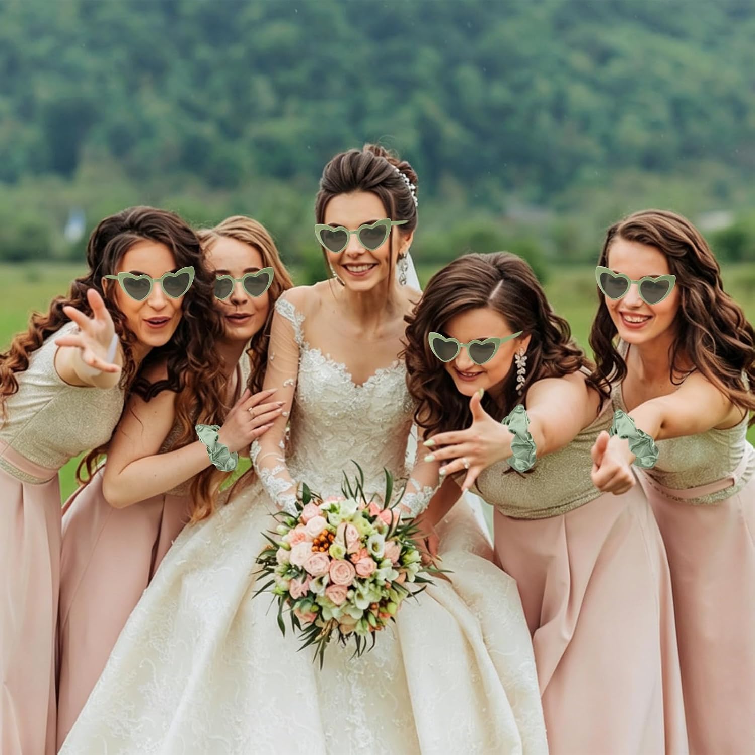 4PCS Bridesmaid Proposal Gift Set Heart Sunglasses White Hair Claw Clip Satin Hair Scrunchies Bridesmaid Spa Headband
