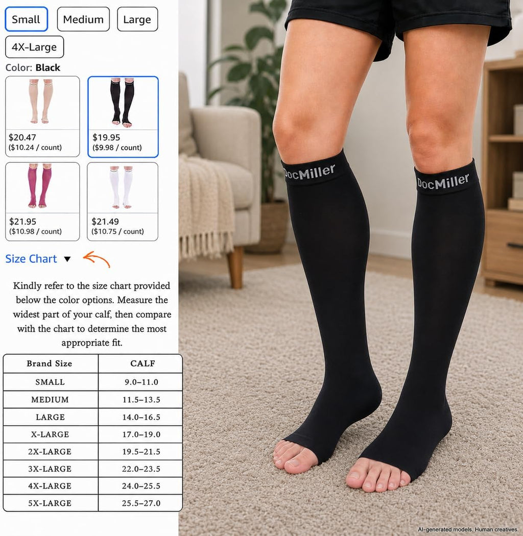 Open Toe Compression Socks, 20-30 mmHg, Toeless Compression Sleeves for Legs, Knee High Stockings for Shin Splints
