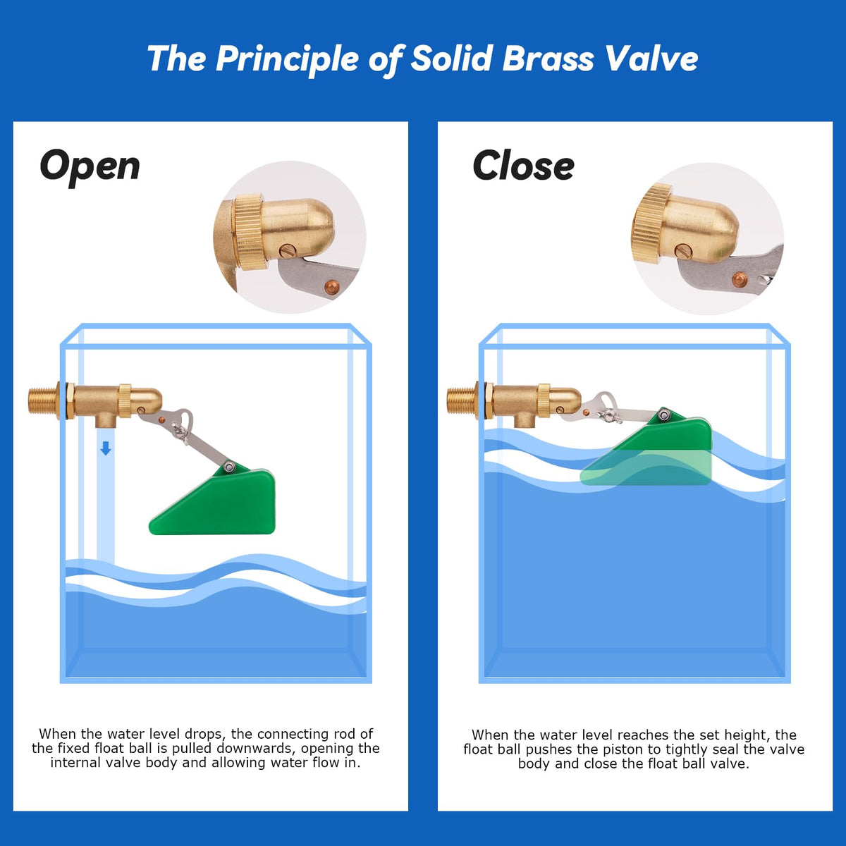 2Pcs Brass Float Valve 1/2 Inch with Adjustable Arm for Ponds