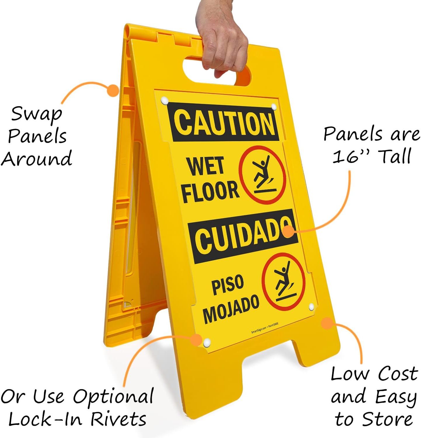 Caution Wet Floor Sign - Bilingual, Cuidadao Piso Mojada, 25 x 12 inch, Standing/Folding Floor Sign, Double-Sided