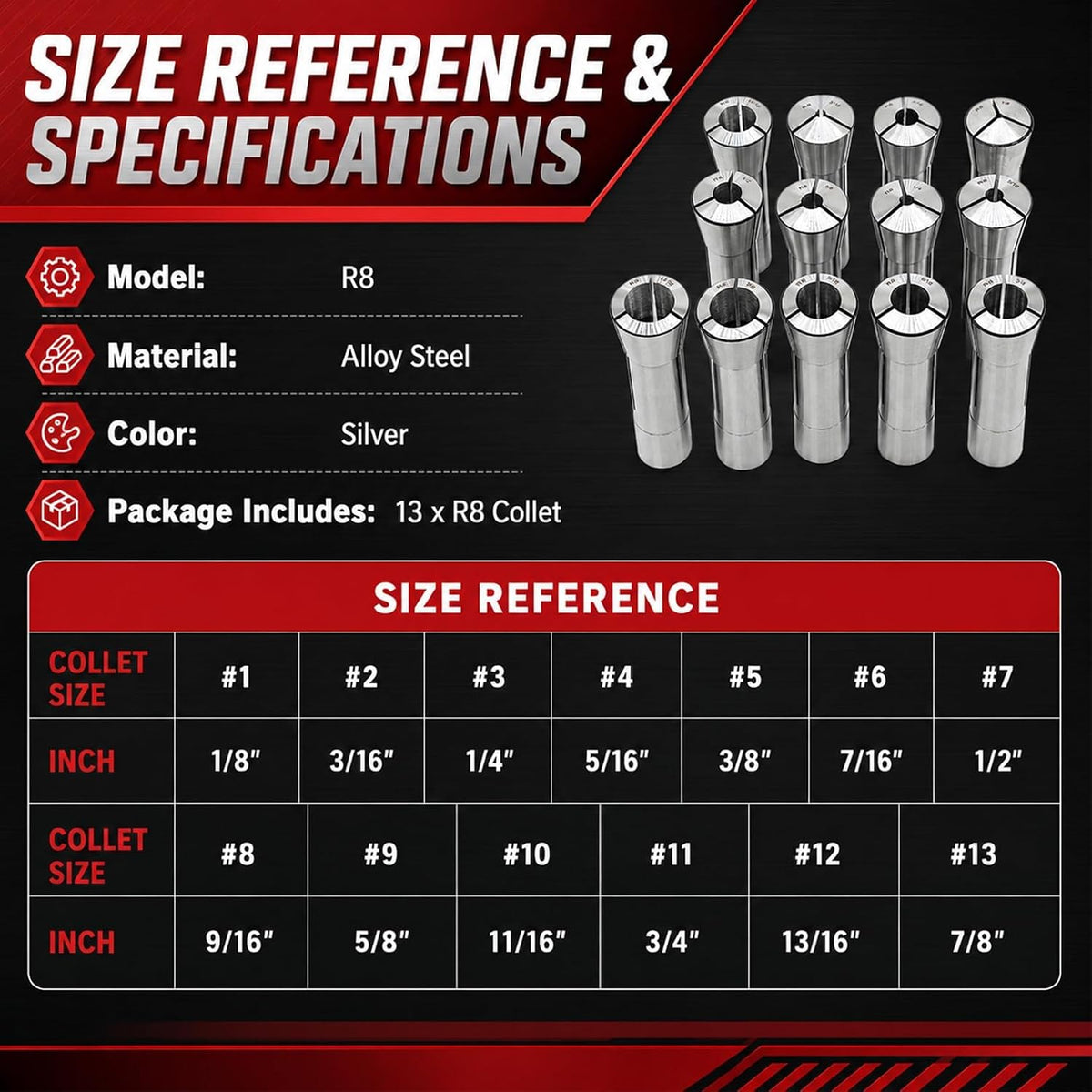 Nakkaa 13Pcs R8 Collet Set 1/8" to 7/8" Compatible with Milling Machines