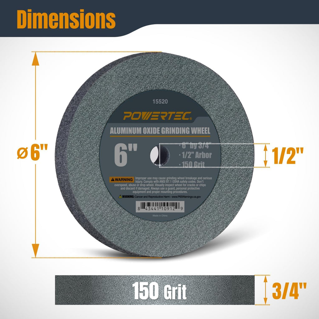 POWERTEC Bench Grinder Wheel 6 Inch 150 Grit, Aluminum Oxide Grinding Wheel for Bench Pedestal Grinder, 3/4" Thick 1/2" Arbor, Sharpening & Shaping Drill Bits, Blade, and Chisel 2PK (15520-P2)