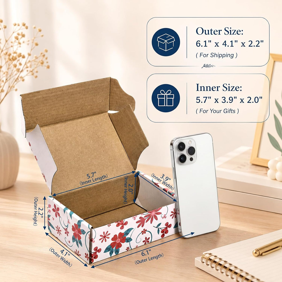 40 Pack Colored Floral Small Shipping Boxes, 6x4x2 Inches