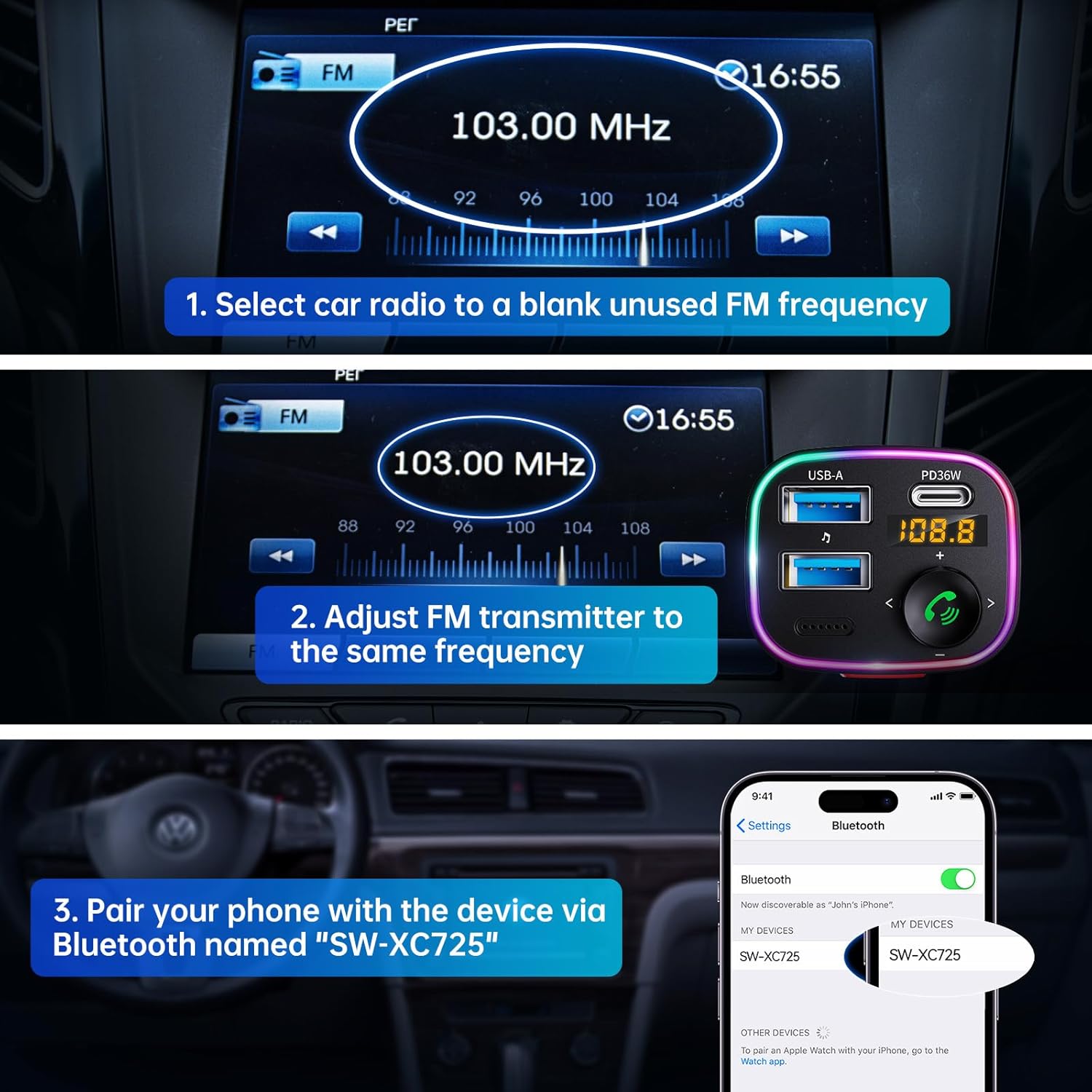 Bluetooth 5.4 Car Adapter 48W FM Transmitter for Hands Free Calls | Light Switch, Fast Charge (PD 36W & 12W), HiFi