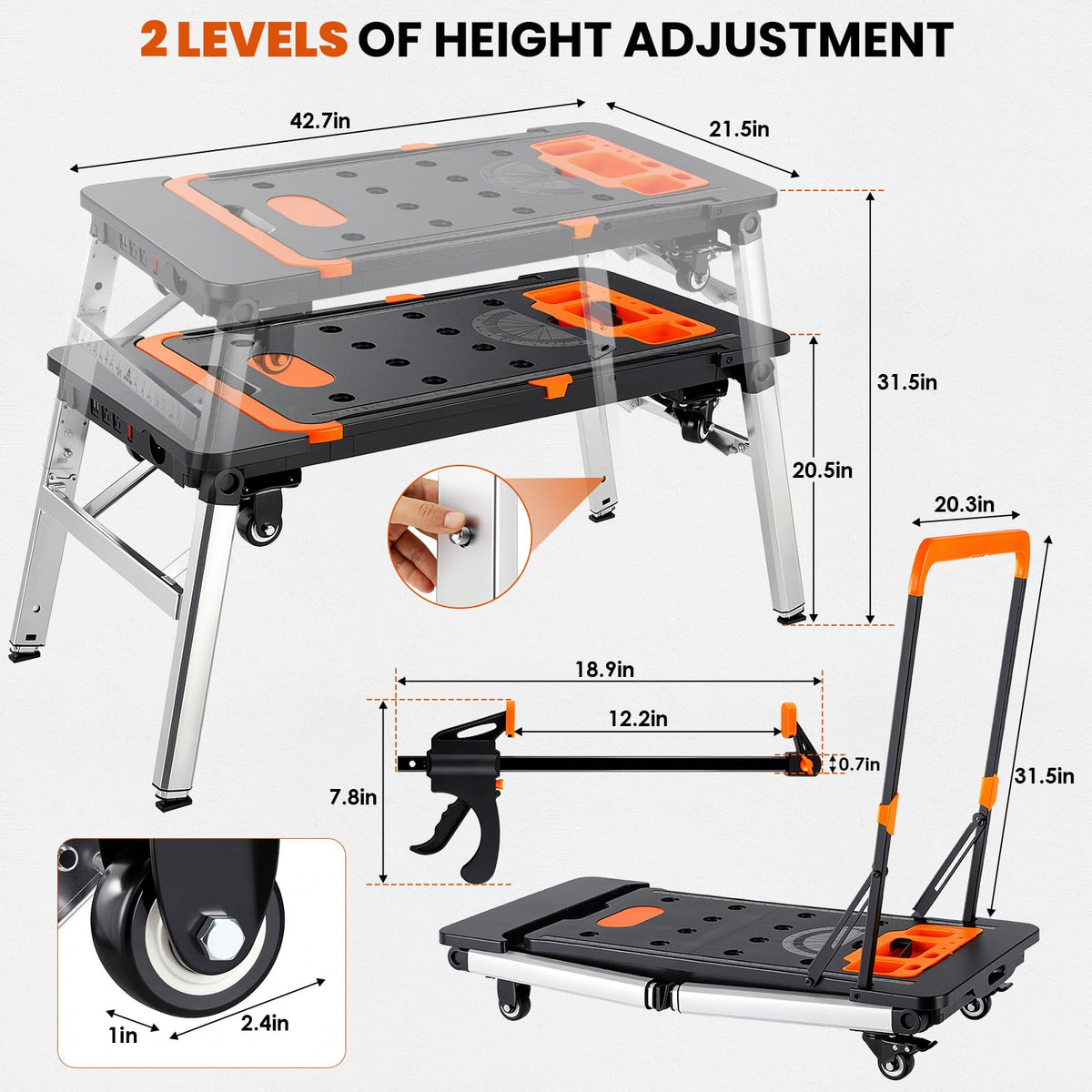 7in1 Multifunctional Portable Workbench with Large Wheels & Clamps