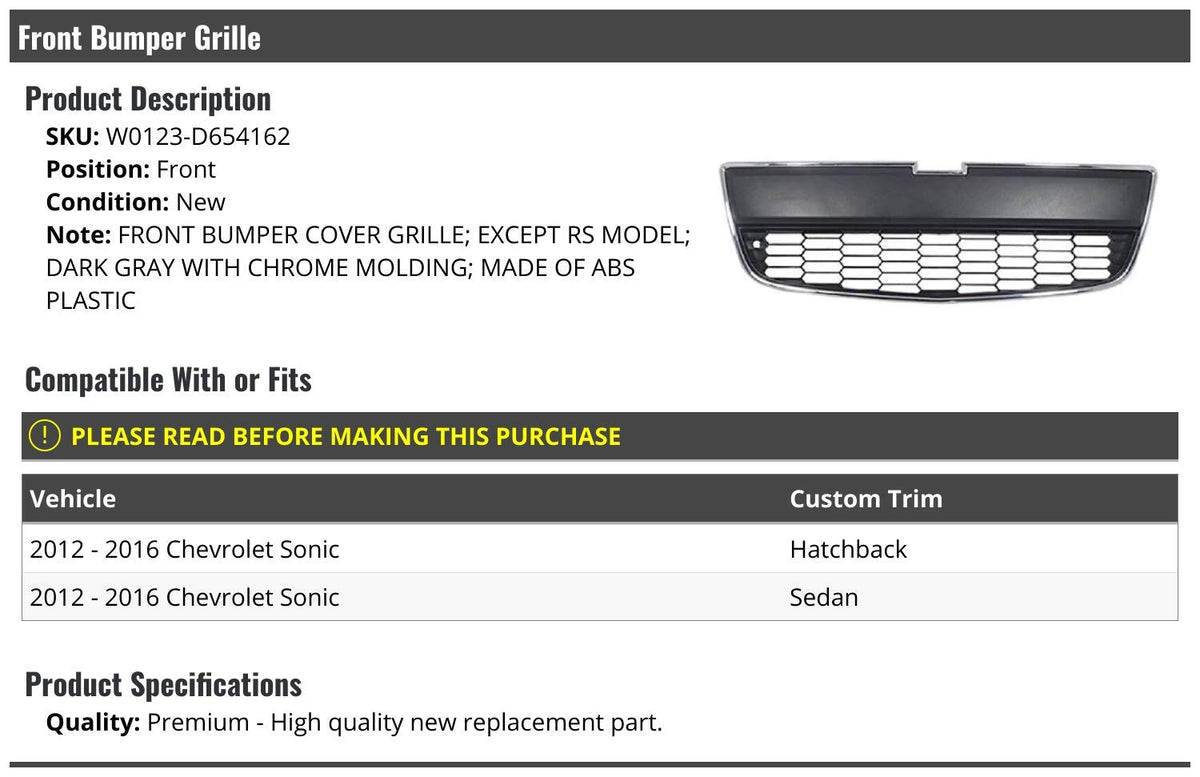 Front Upper Bumper Grille - Dark Grey with Chrome Molding - Compatible with 2012-2016 Chevy Sonic (Except RS)
