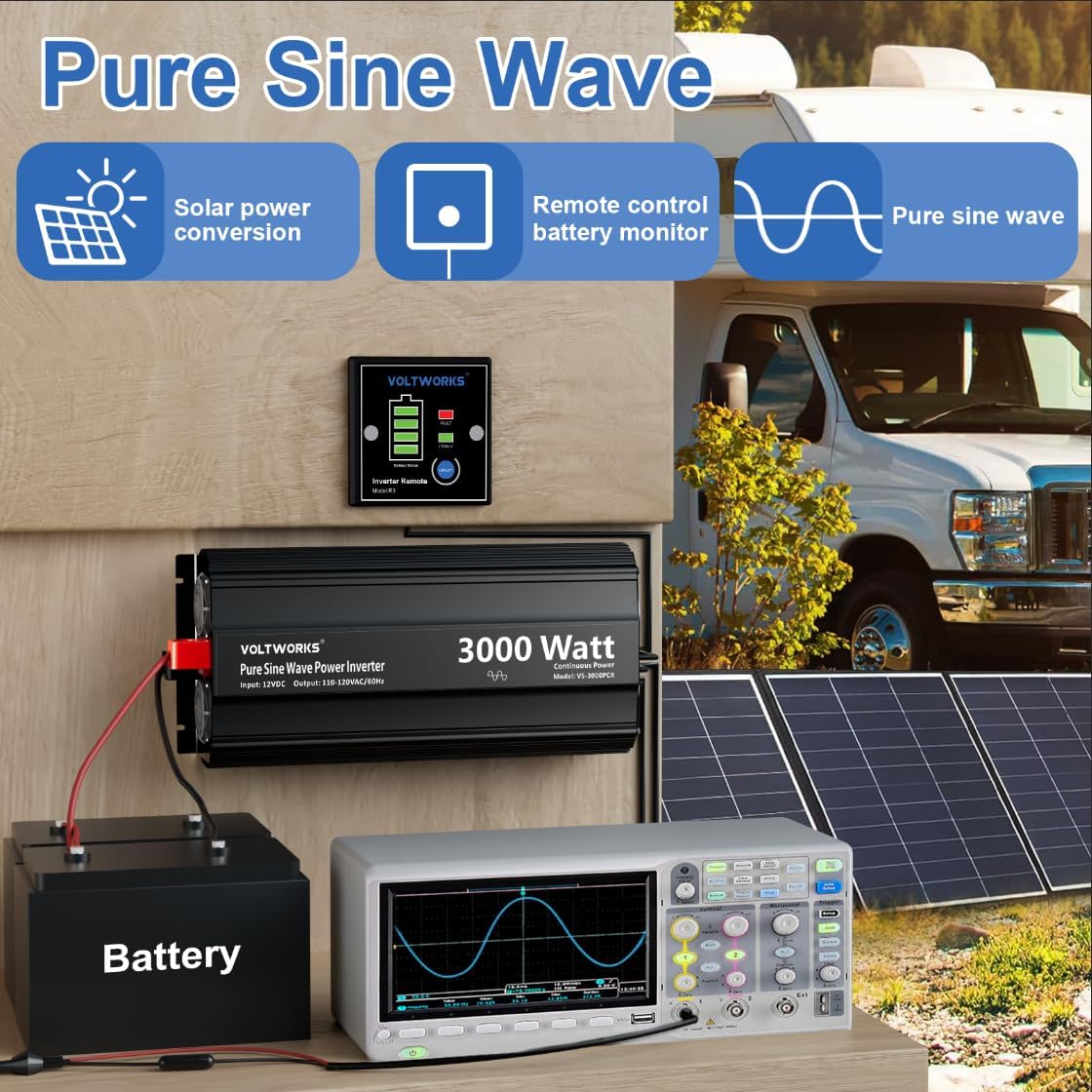3000 Watt Pure Sine Wave Inverter 12V DC to 110V 120V AC VOLTWORKS | UL Fuses 3000W Power Inverter for Home RV Truck
