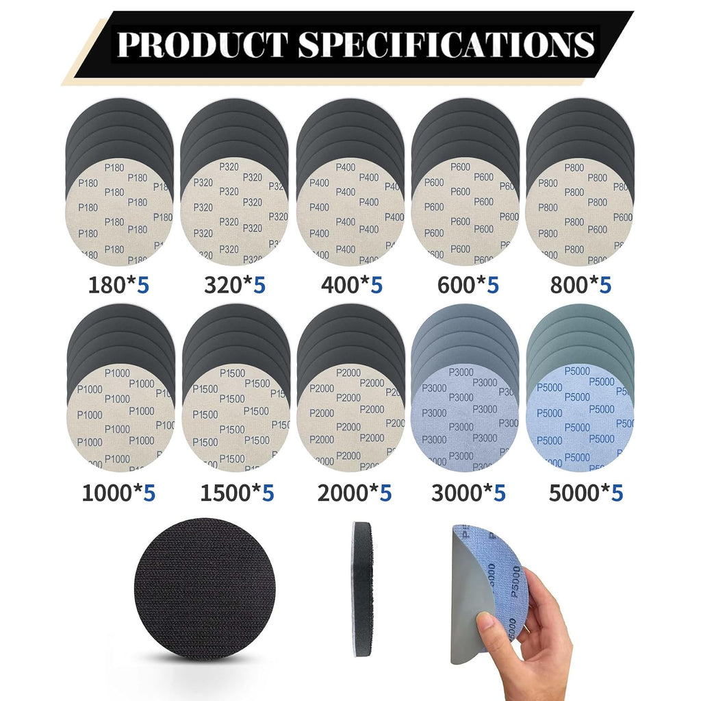 5 Inch 51pcs Wet Dry Sanding Discs Hook and Loop Foam Backing Pad, Waterproof Sandpaper Silicon Carbide for Random