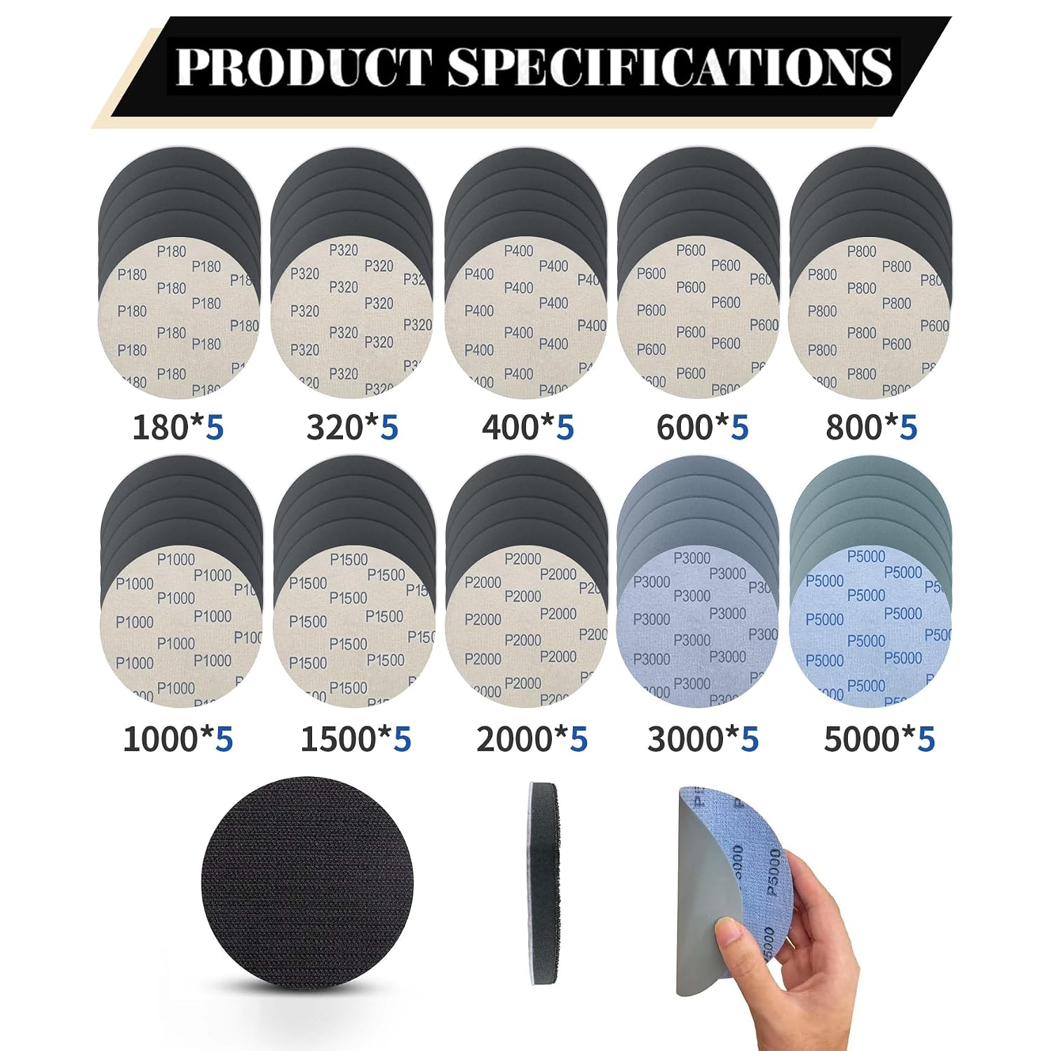 5 Inch 51pcs Wet Dry Sanding Discs Hook and Loop Foam Backing Pad, Waterproof Sandpaper Silicon Carbide for Random