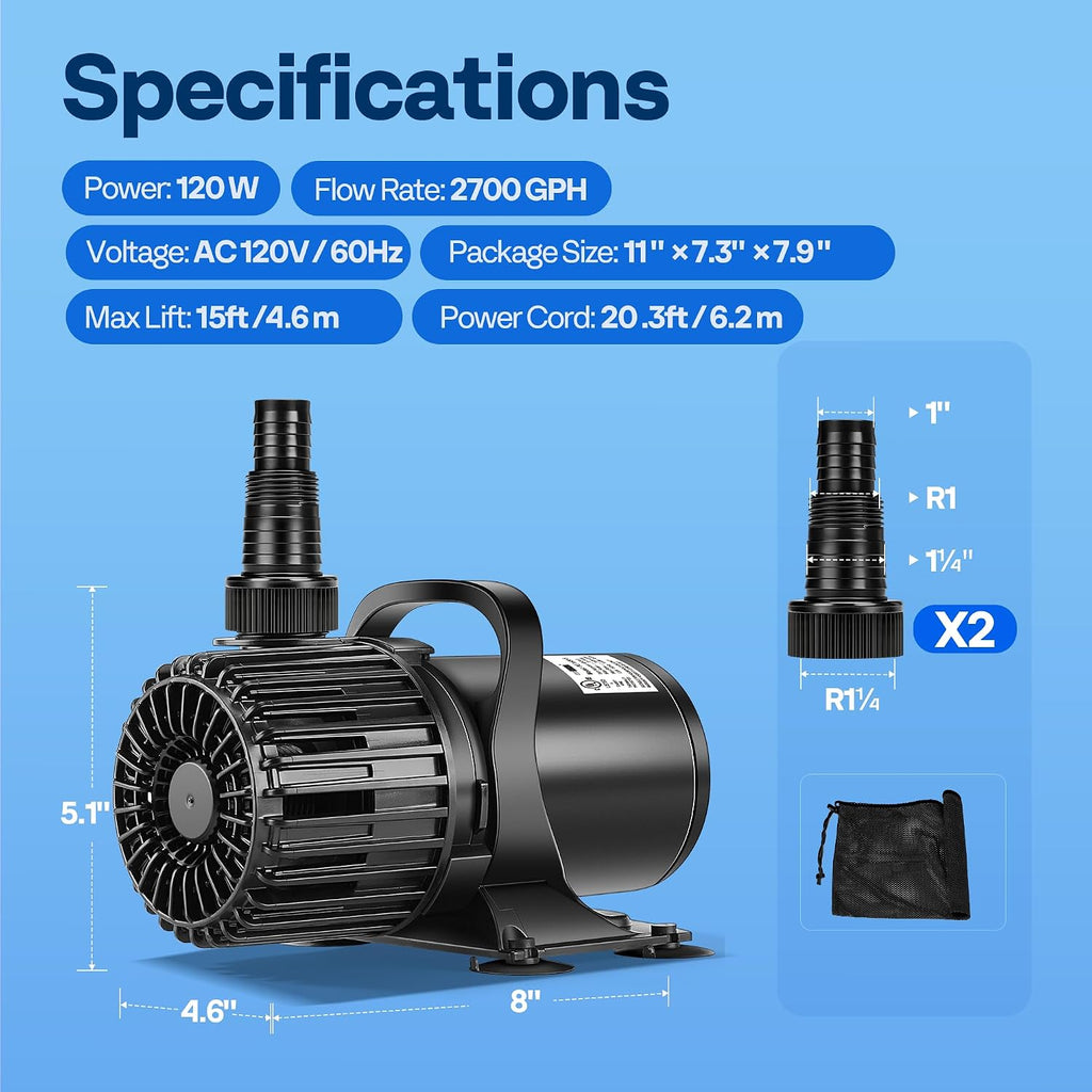 120W Pond Pump, 2700GPH Submersible Water Pump for Koi Pond