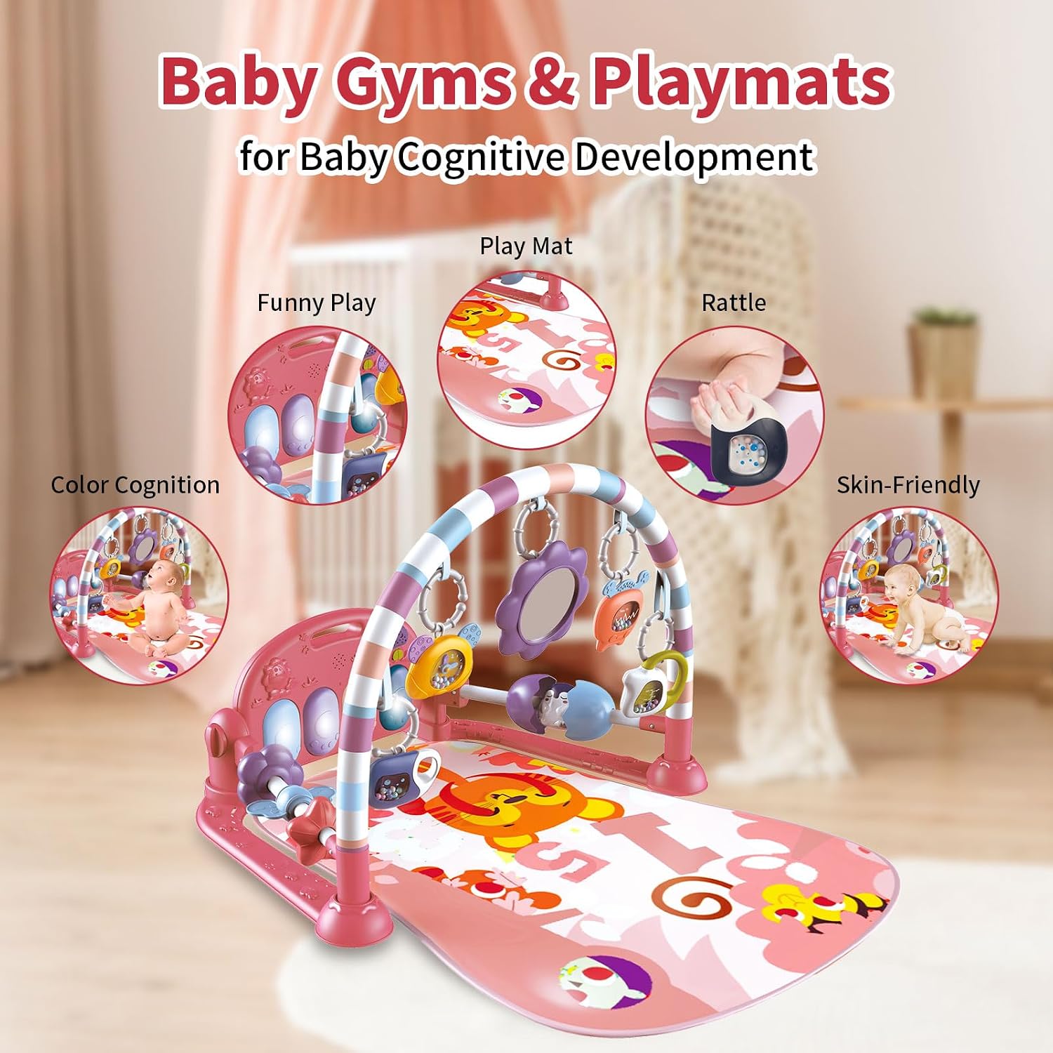 Baby Gym Play Mat, Piano Kick and Play Lights and Music Tummy Time Toys Infant Musical Activity Gym Mat for Visual