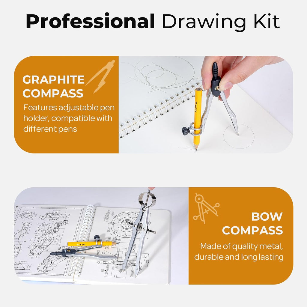22 PCS Compass Geometry Tools with Case, Drafting Tools Geometry Set with Swing Arm Protractor, Rulers, Metal