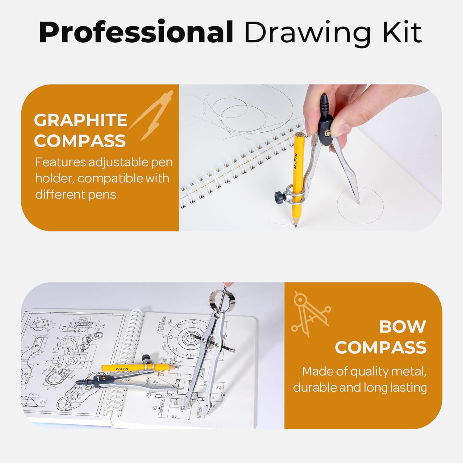 22 PCS Compass Geometry Tools with Case, Drafting Tools Geometry Set with Swing Arm Protractor, Rulers, Metal