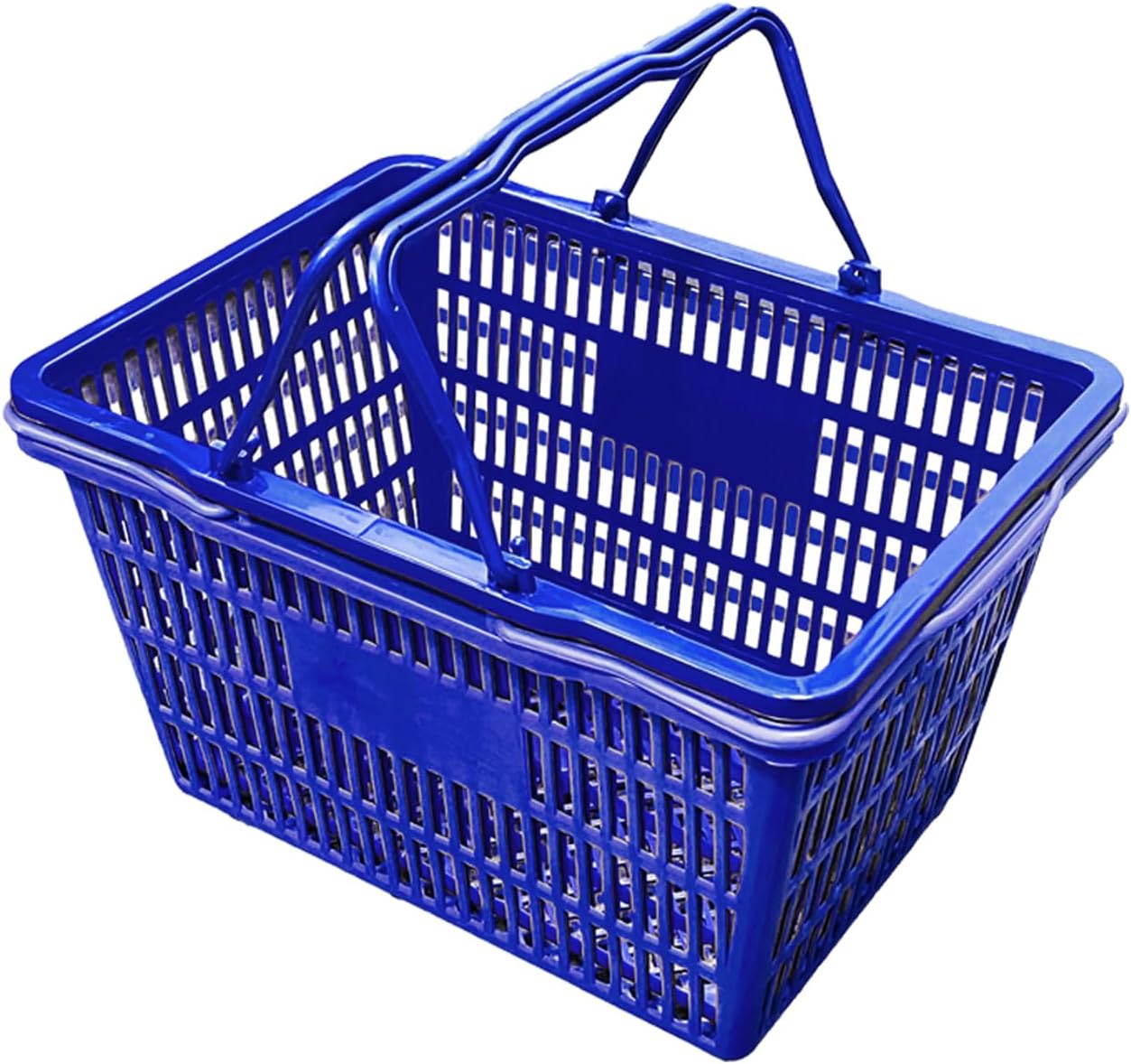 Stackable Plastic Shopping Baskets, Red and Blue, Easy-Grip Handles for Grocery, Retail, Liquor Stores, Home Use