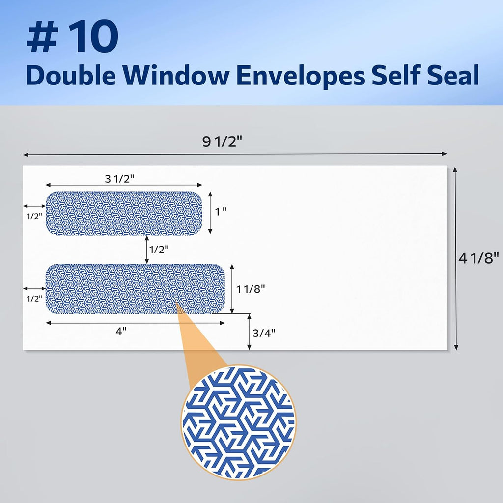 Envelopes Self Seal – #10 Double Window Envelopes 500 Pack, Security Tint, Self Seal Closure, Fits Standard Business