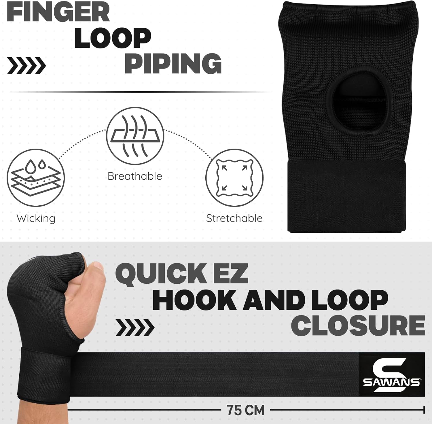 Boxing Hand Wraps Inner Gloves for Hand Protection Long Wrist Straps Elasticated, Padded Martial Arts Combat Gloves