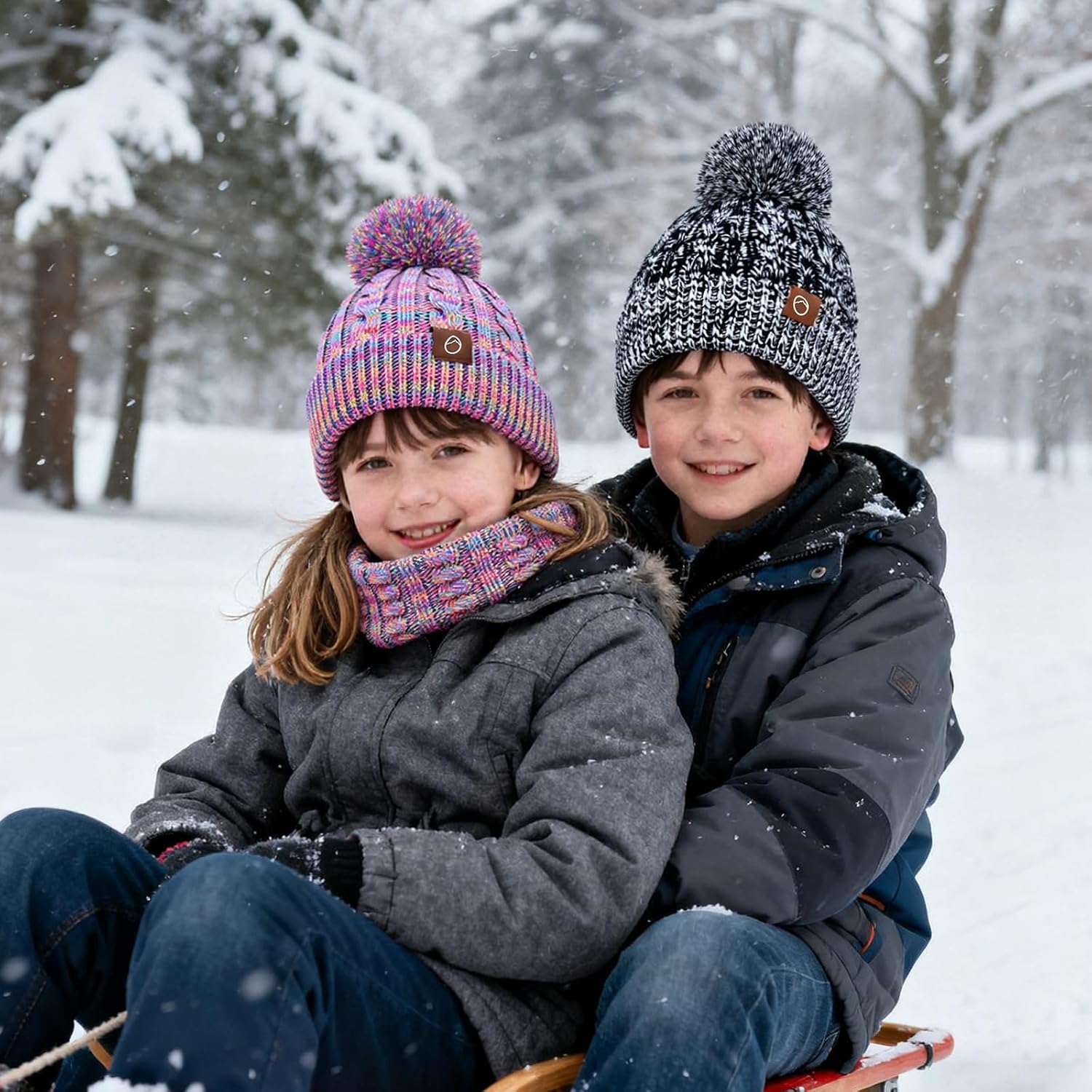 Kids Winter Hat Gloves Scarf Set, Girls Boys Hats Beanie with Pom Children Knit Neck Warmer Mittens Fleece Lined Set