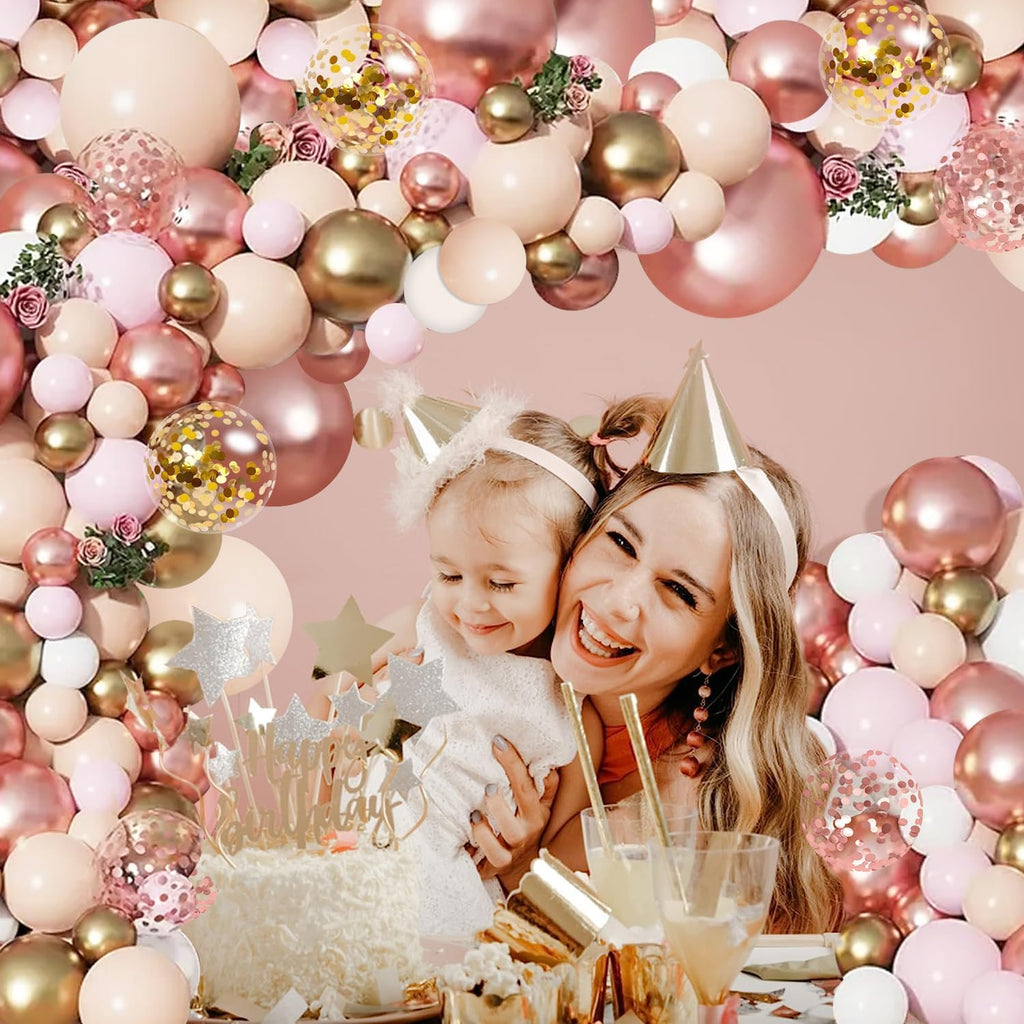 Rose Gold Balloon Garland Kit, Nude Pastel Pink Metallic Gold Matte White Balloons Gold and Rose Gold Confetti