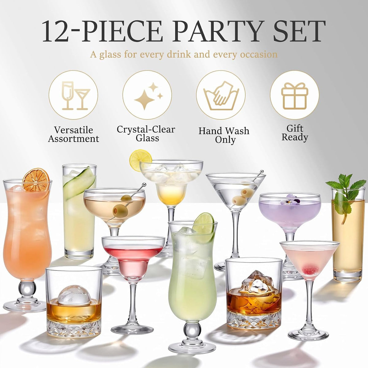 12 Set Cocktail Glasses Mixed Drinkware,12-piece Party Set