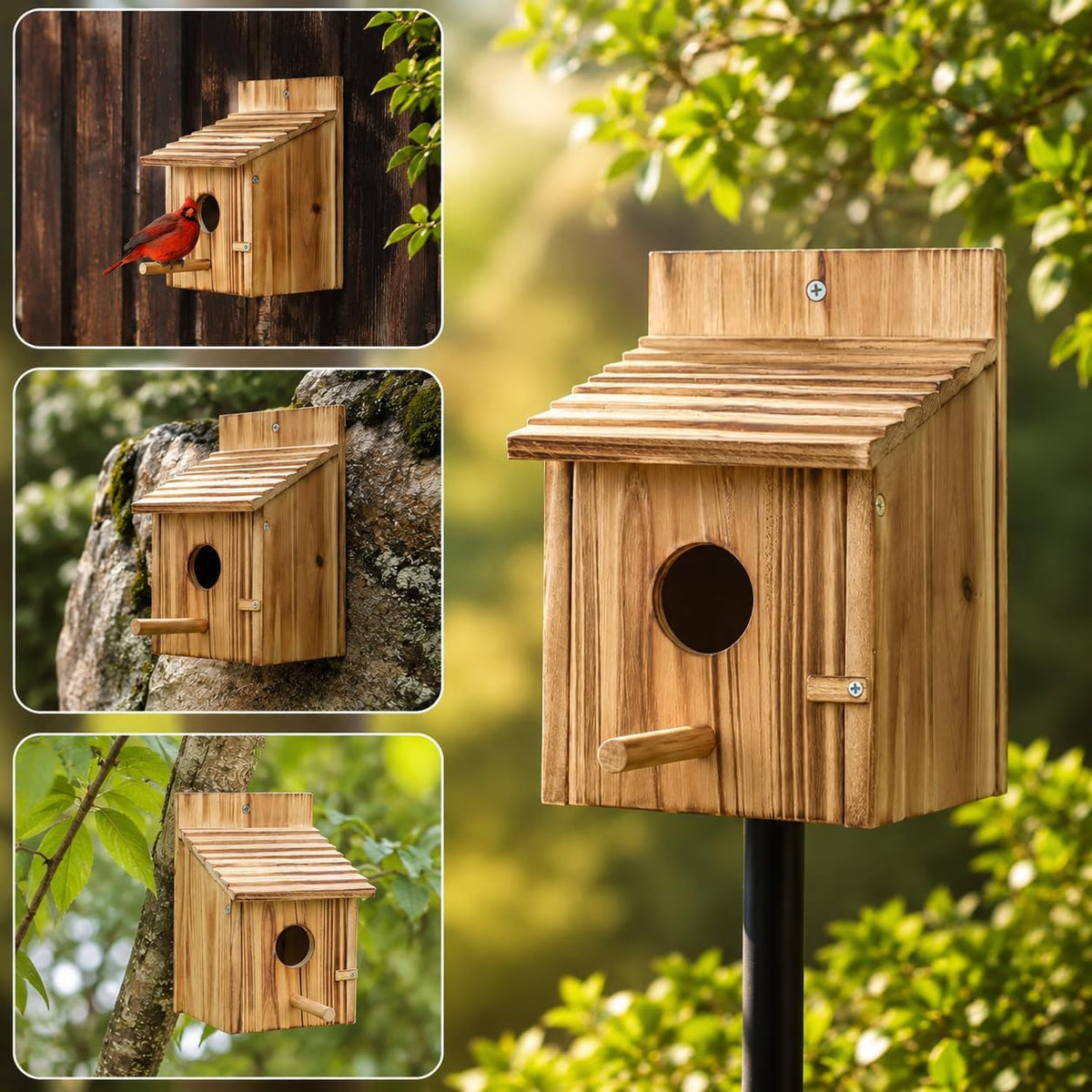 Wooden Birdhouse with Lift-Up Front Cleaning Door