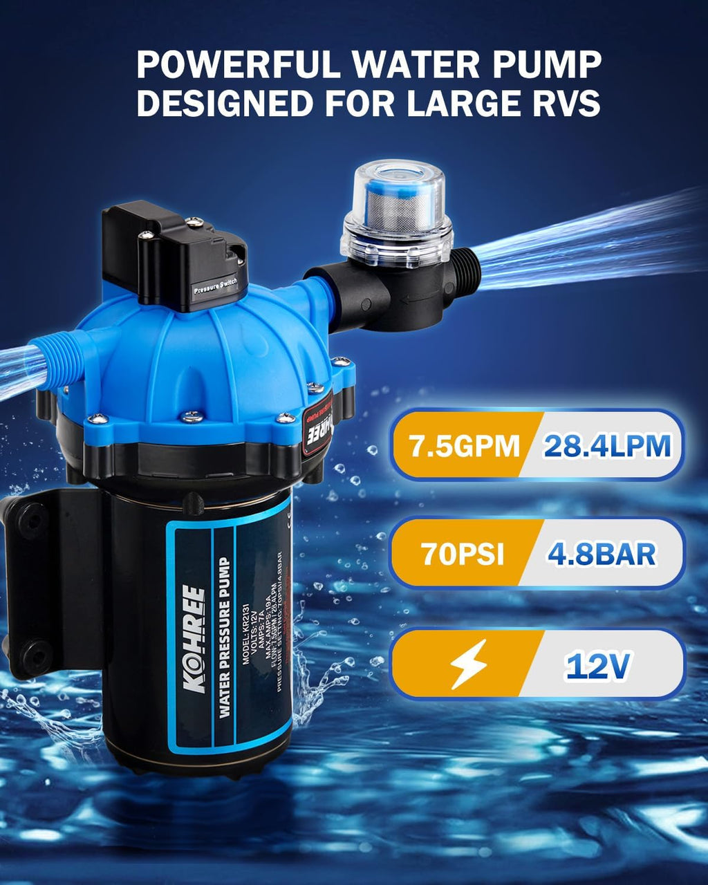 Kohree 12V RV Water Pump 7.5GPM 70PSI Self-Priming 5-Chamber Diaphragm Pump