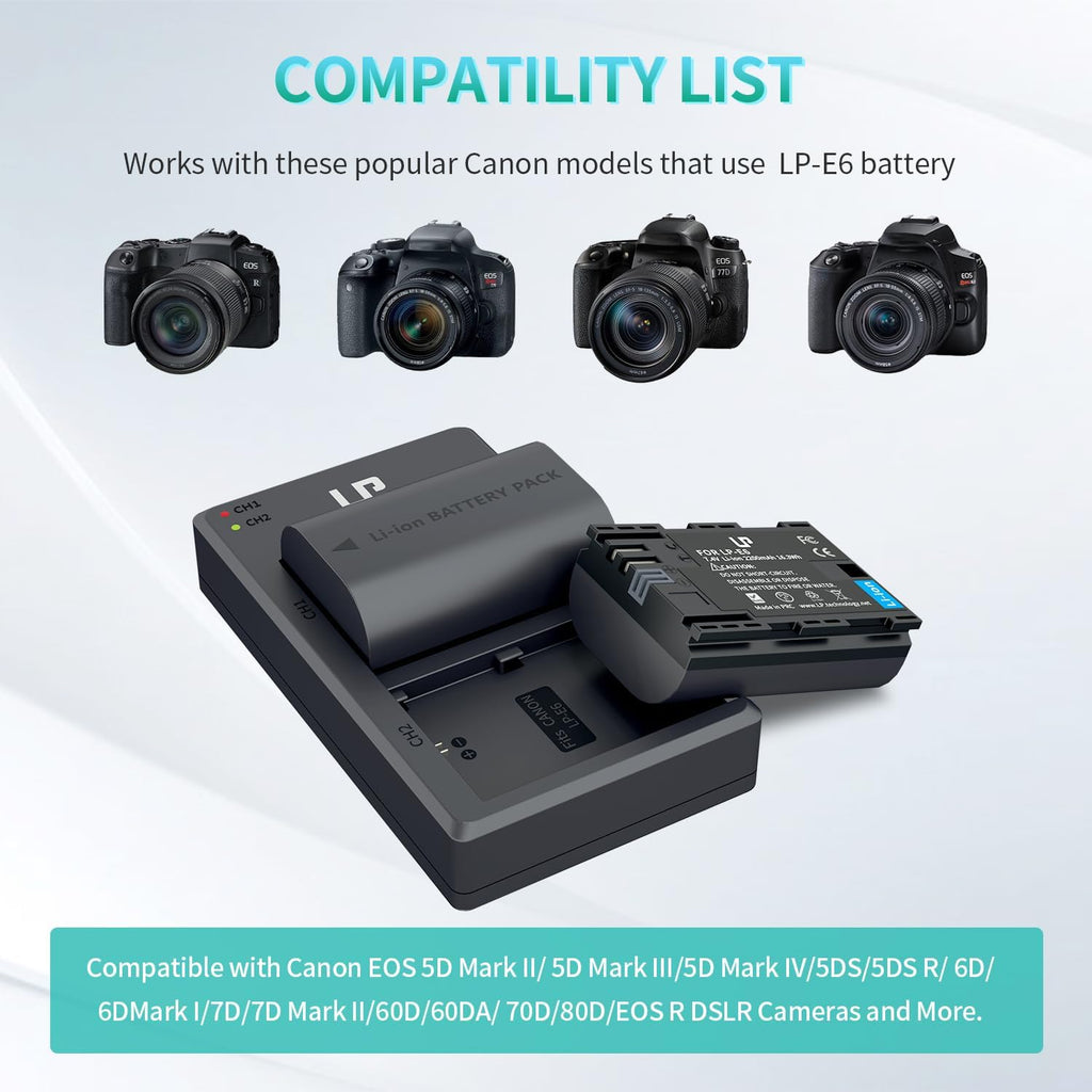 LP-E6 E6N Battery Charger Pack, 2-Pack 2600mAh Battery & Dual Charger | Compatible with Canon EOS R, R5, R6, 90D