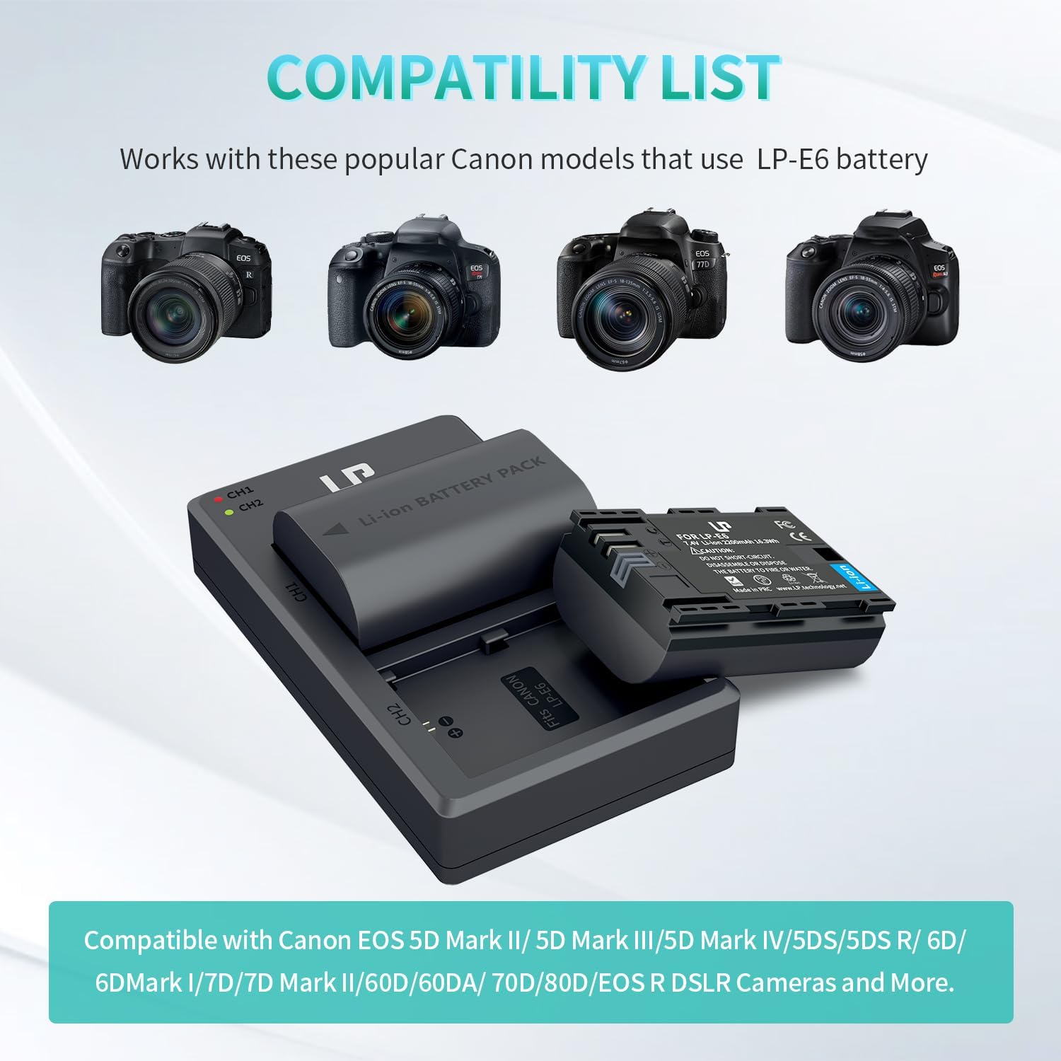 LP-E6 E6N Battery Charger Pack, 2-Pack 2600mAh Battery & Dual Charger | Compatible with Canon EOS R, R5, R6, 90D