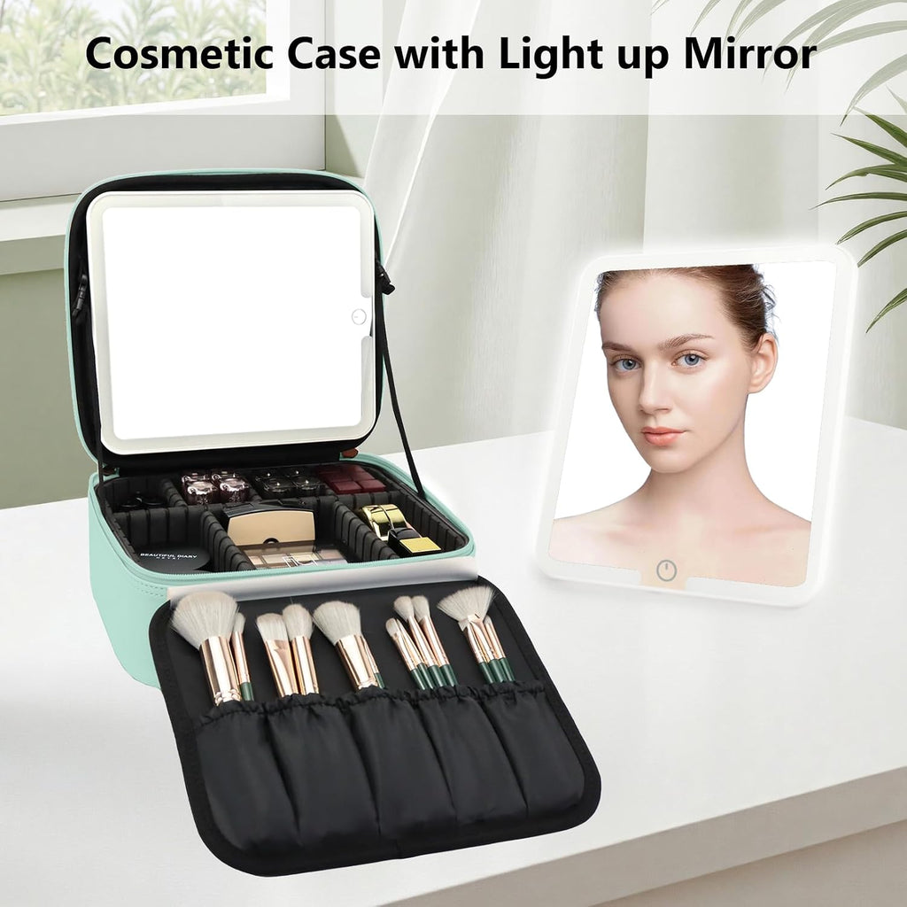 Travel Makeup Bag with LED Mirror Travel Makeup Organizer with 3 Lighted Settings, Adjustable Dividers and Makeup