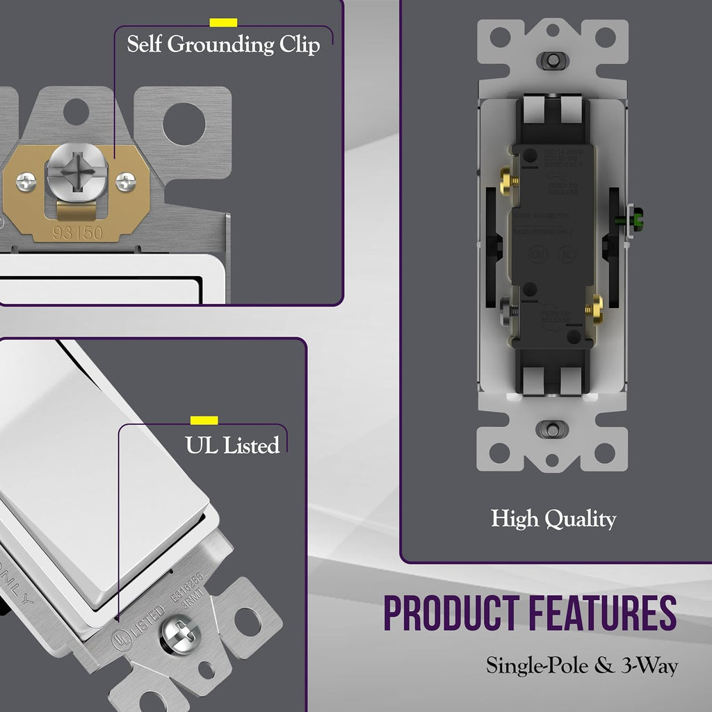 ENERLITES White 3-Way Decorator Paddle Rocker Light Switch, 15A, 10 Pack