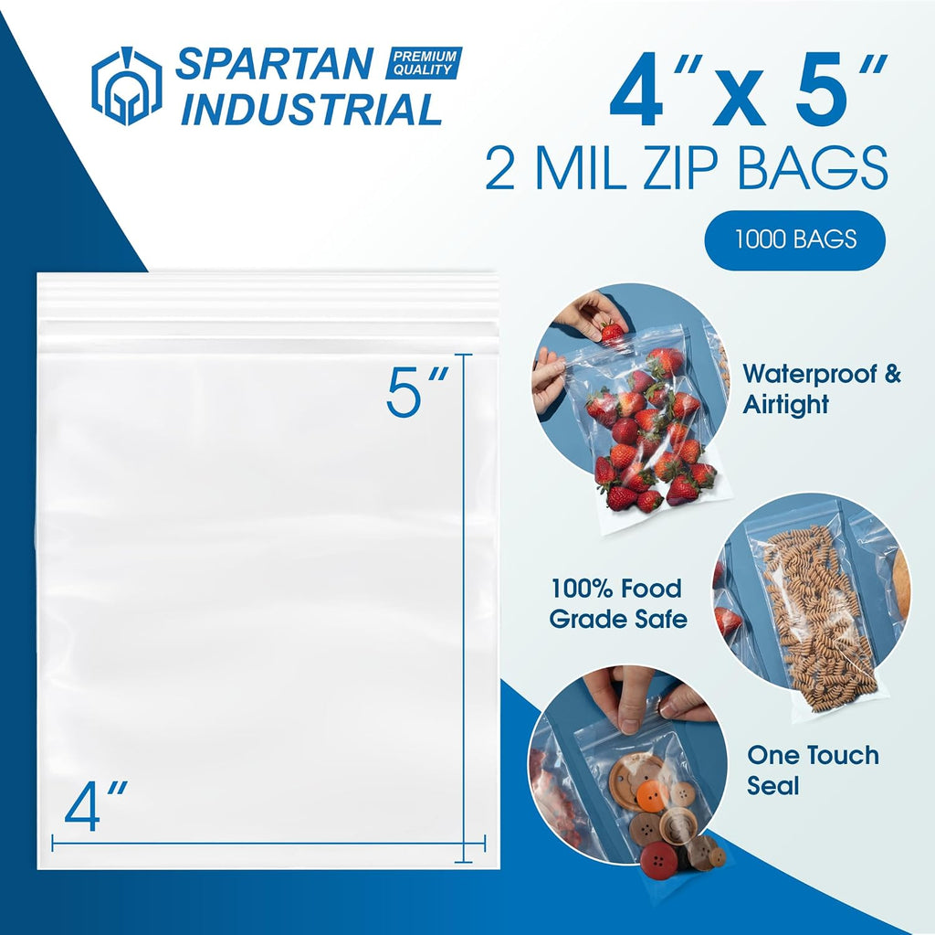 4” X 5” (1000 Count) 2 Mil Clear Reclosable Zip Plastic Poly Bags