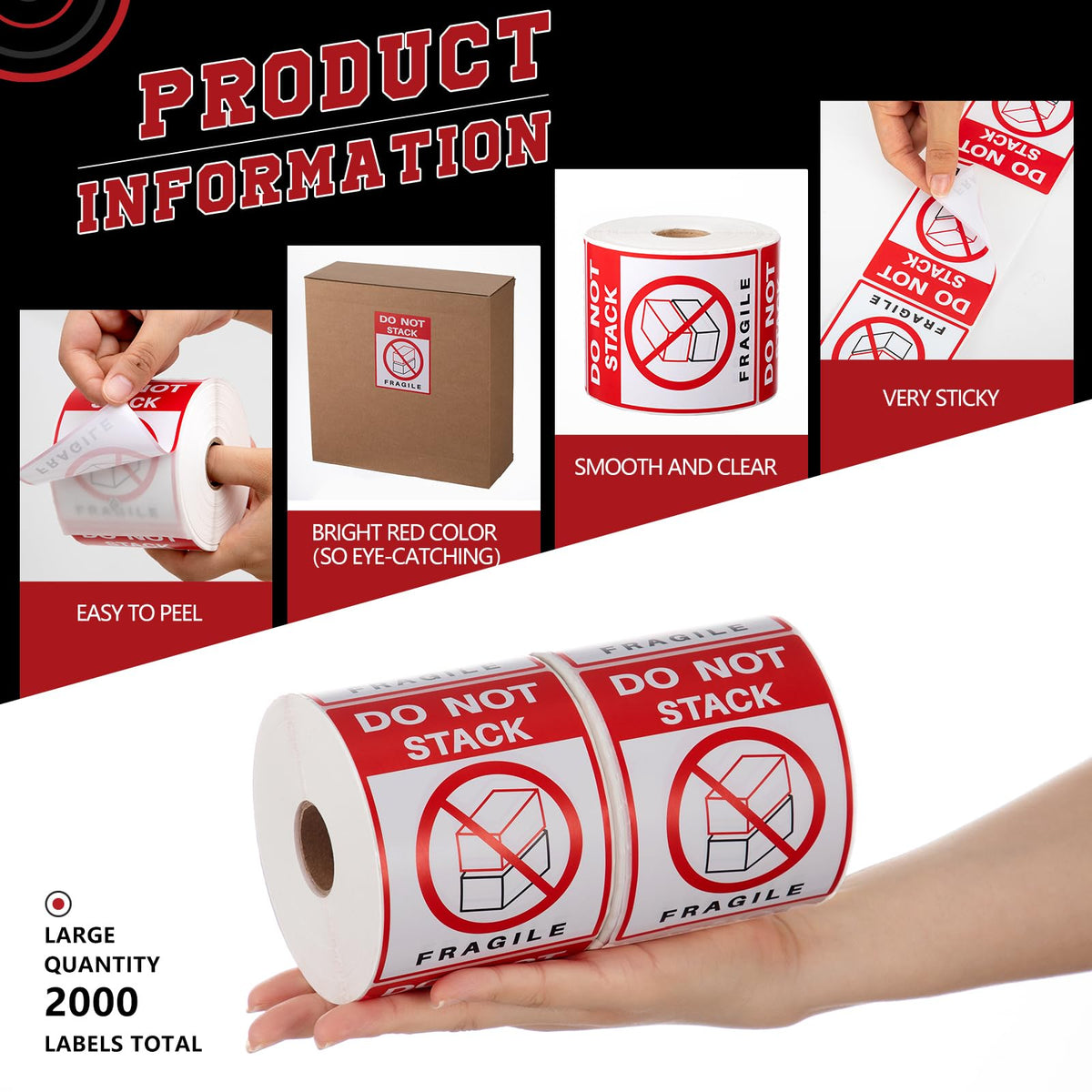 4 Rolls 3" x 4" 2000 Labels Do Not Stack Stickers, Heavy Duty Warning Labels for Shipping Boxes, Fragile Packages &