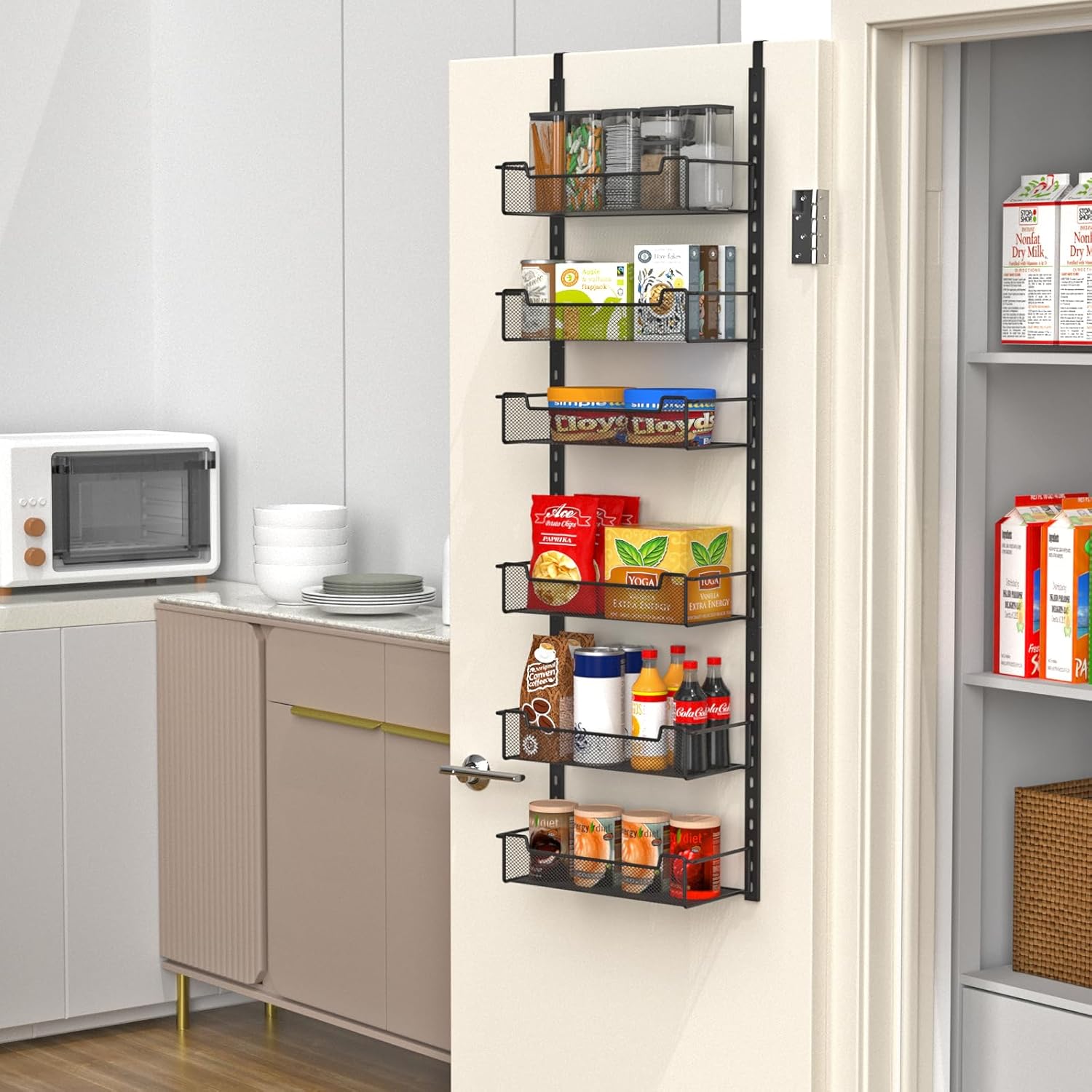 12.3" W Narrow Over the Door Pantry Organizer, 6-Tier Over the Door Organizer with Adjustable Basket, Pantry Door