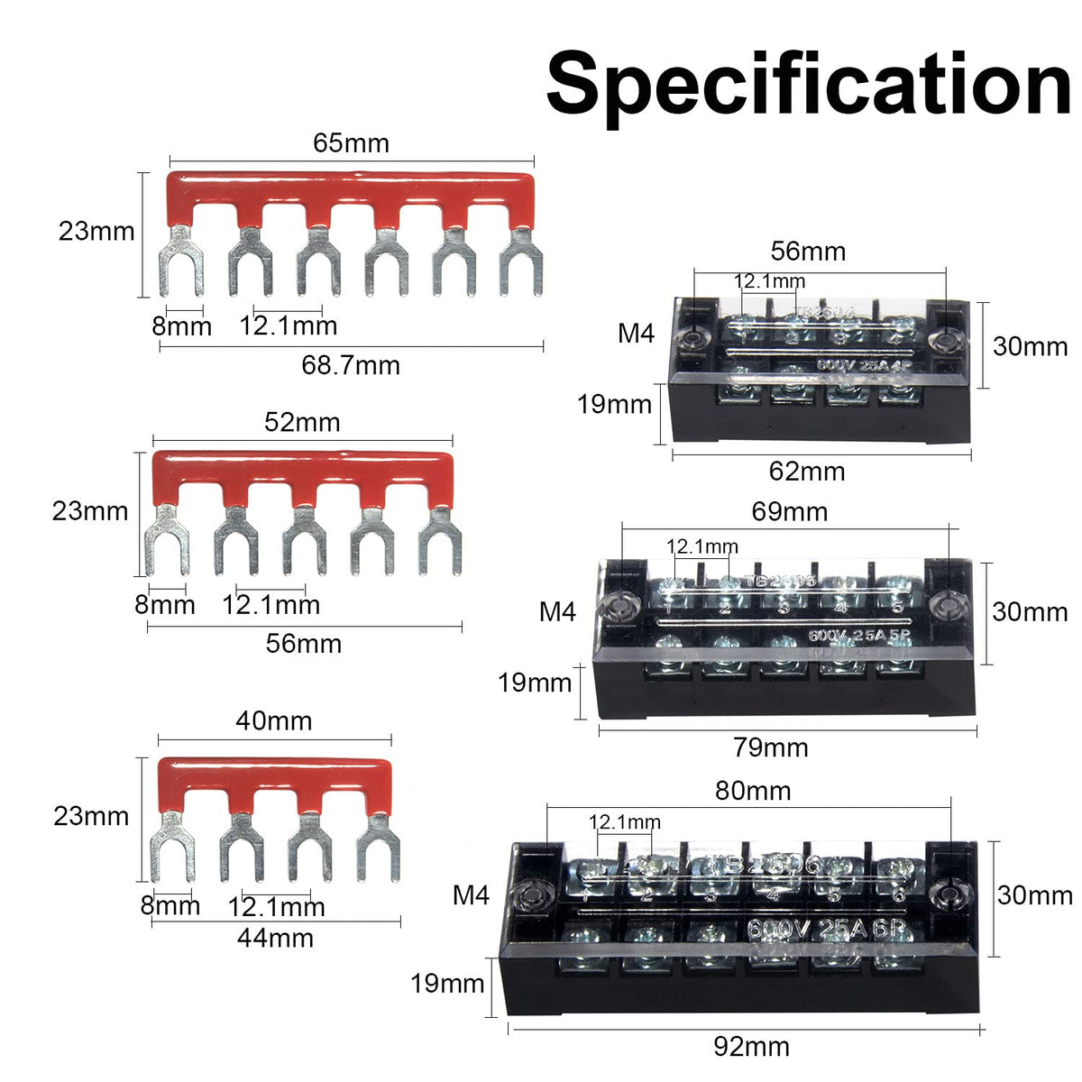 Terminal Block, 4/5/6 Circuits 600V 25A Dual Row Screw Terminal Strip 6 Set