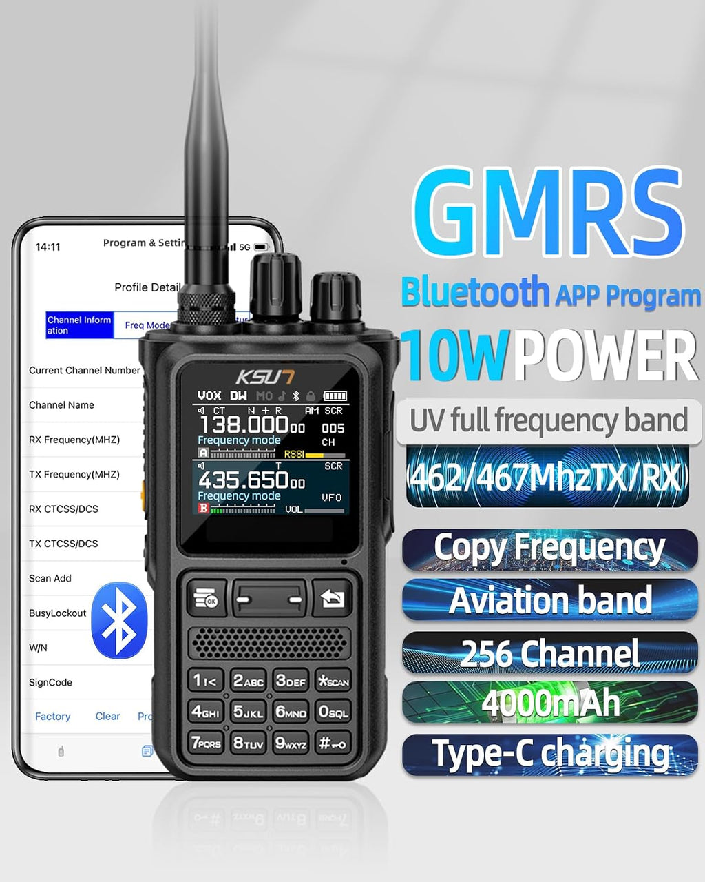 KSUN Ham Radio, UV110D 10W Handheld Ham Walkie Talkies, Bluetooth APP Programming, Long Range Two-Way Radio with NOAA
