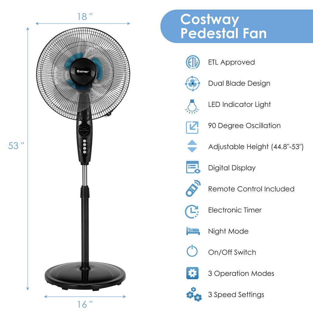 Pedestal Fan, 16-Inch Adjustable Height Fan, 3-Speed Digital Control, Timer, LCD Display, Double Blades, Remote