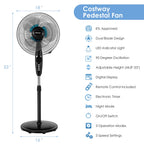 Pedestal Fan, 16-Inch Adjustable Height Fan, 3-Speed Digital Control, Timer, LCD Display, Double Blades, Remote