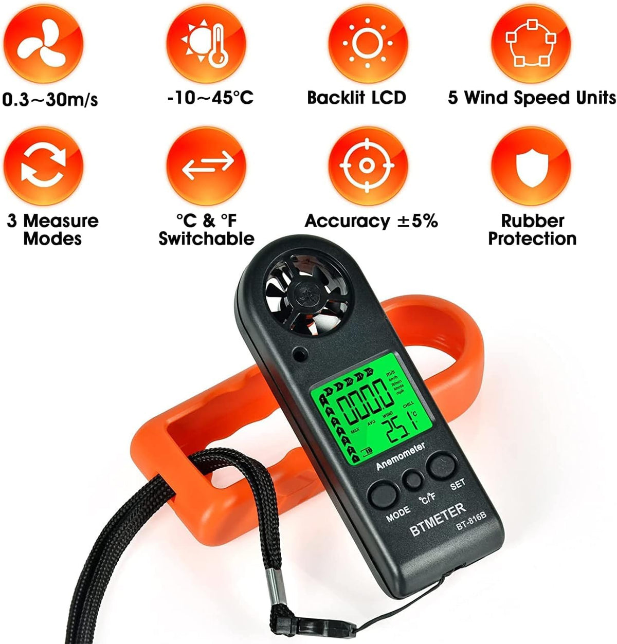 BTMETER Anemometer Handheld Wind Speed Meter BT-816B (Range: 0.2–67 MPH)