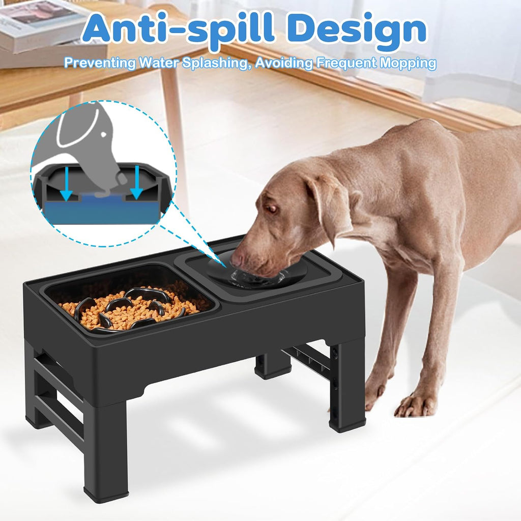 2-in-1 Elevated Slow Feeder Dog Bowls, 4 Height Adjustable Raised Dog Bowls Stand with No Spill Water Bowl, Non-Skid