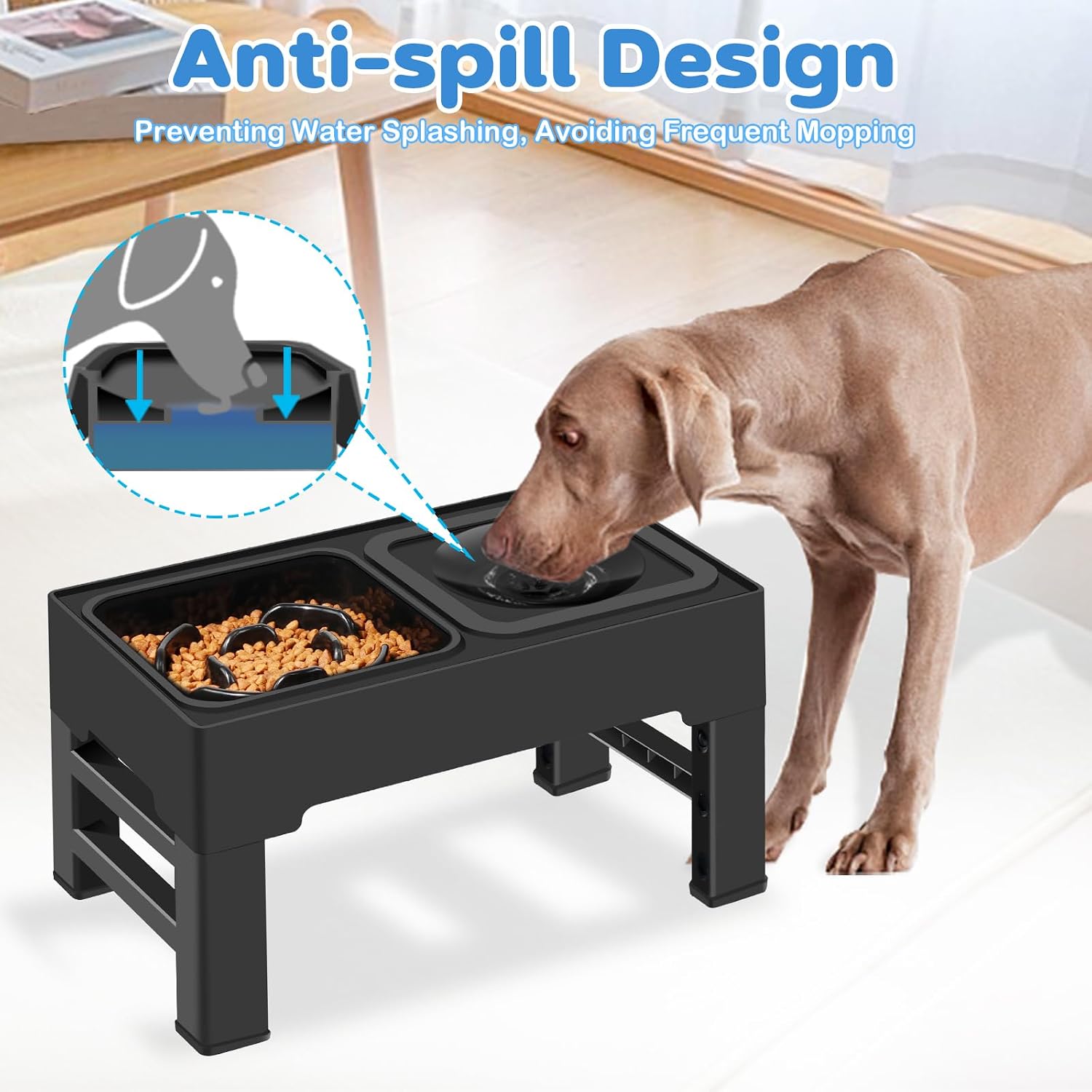 2-in-1 Elevated Slow Feeder Dog Bowls, 4 Height Adjustable Raised Dog Bowls Stand with No Spill Water Bowl, Non-Skid
